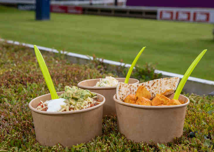 3 bowls of food on a hedge with a view of a racecourse in the background.